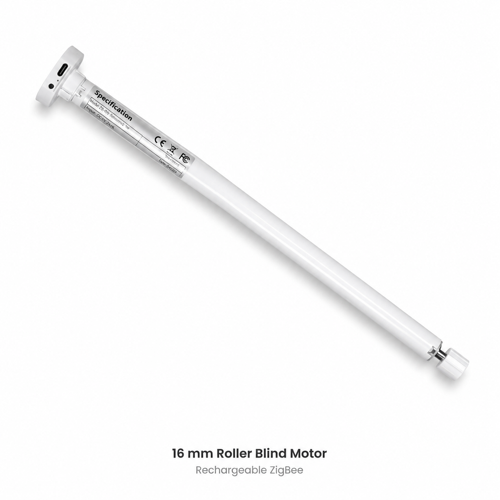 Studio packshot of 16 mm rechargeable ZigBee roller blind motor