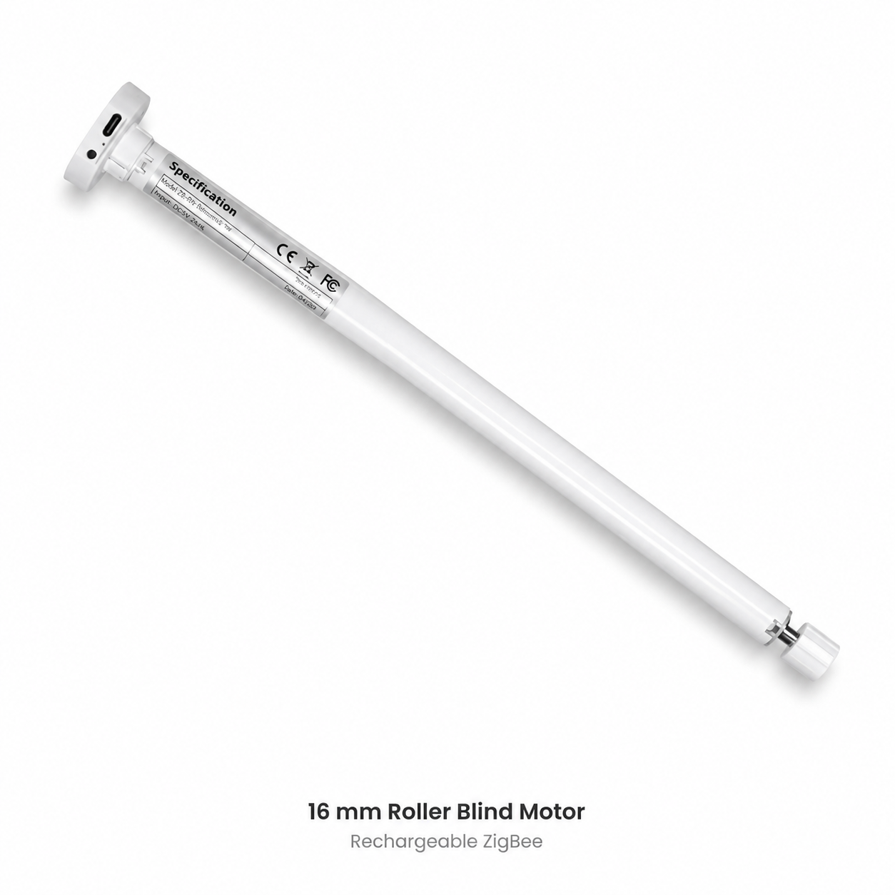 Studio packshot of 16 mm rechargeable ZigBee roller blind motor