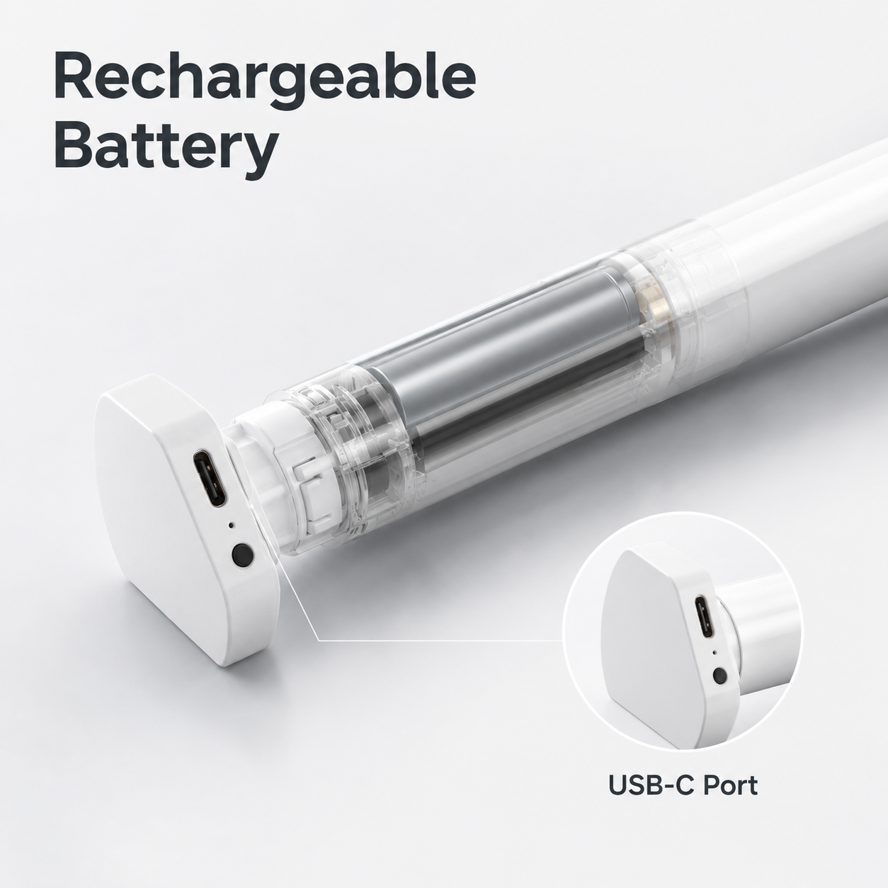 Rechargeable battery and USB-C port detail for roller blind motor