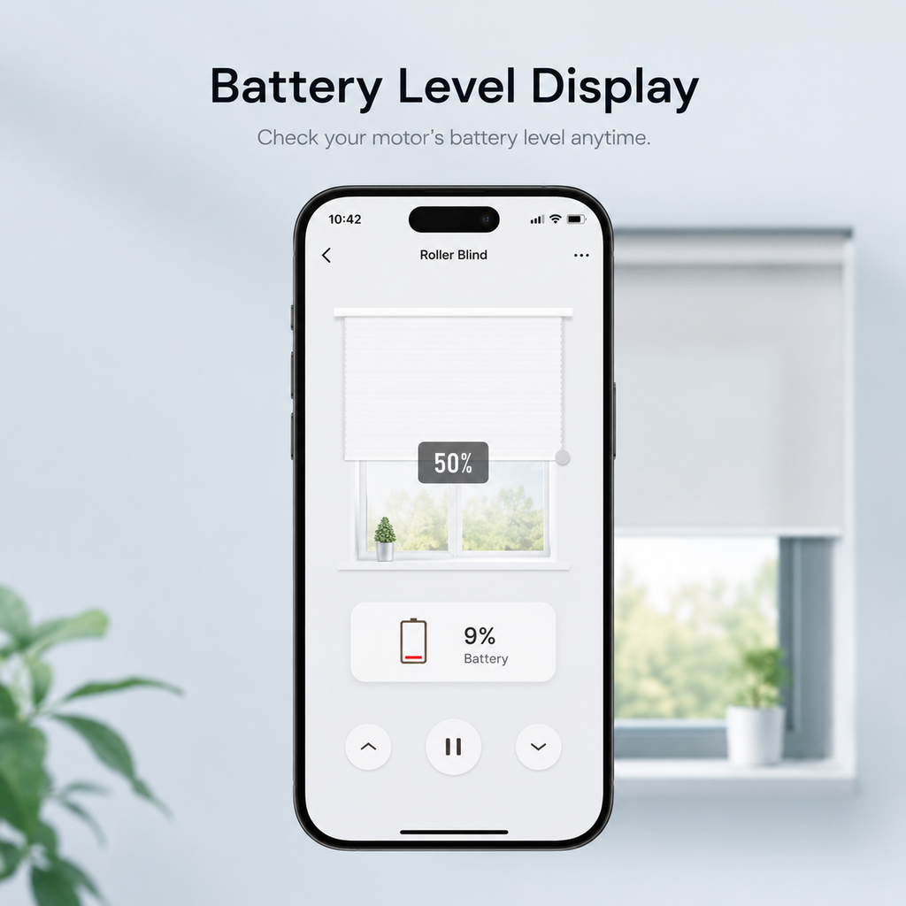 Battery level display on smartphone app for roller blind motor