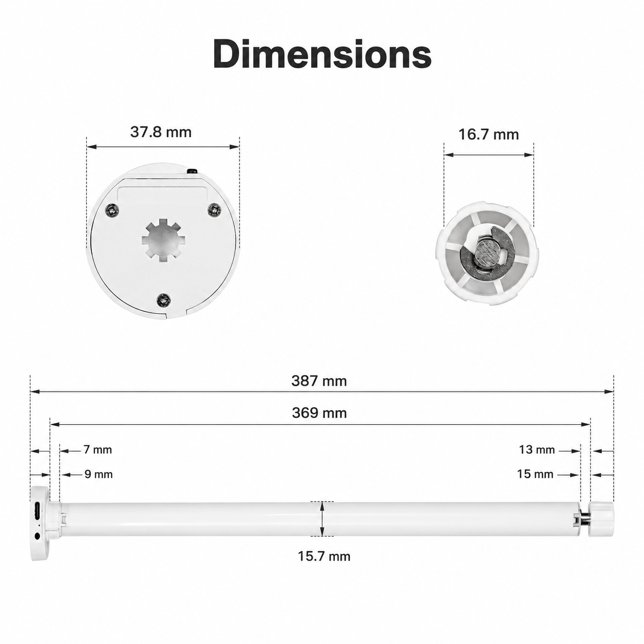 Technical dimensions diagram for 16 mm rechargeable roller blind motor