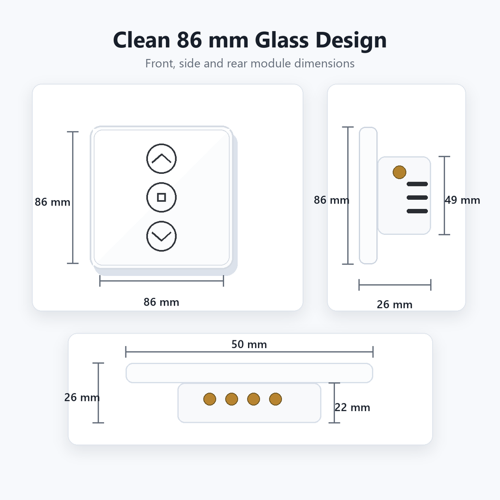 Clean dimensions diagram for ZigBee RF curtain switch