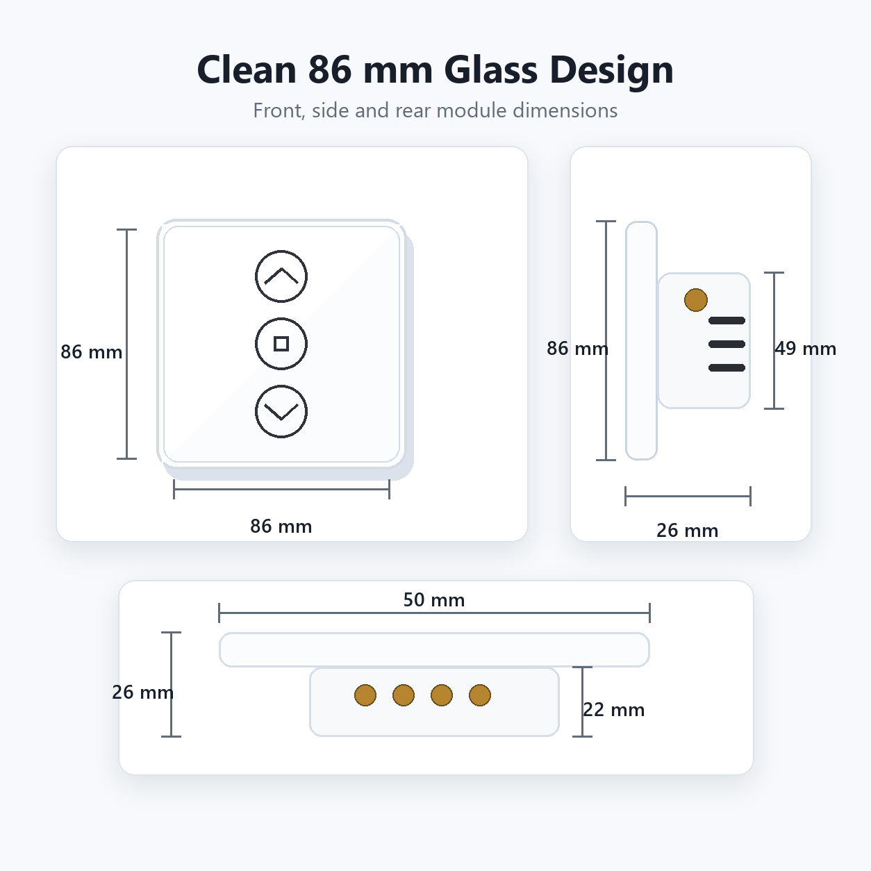 Clean dimensions diagram for ZigBee RF curtain switch