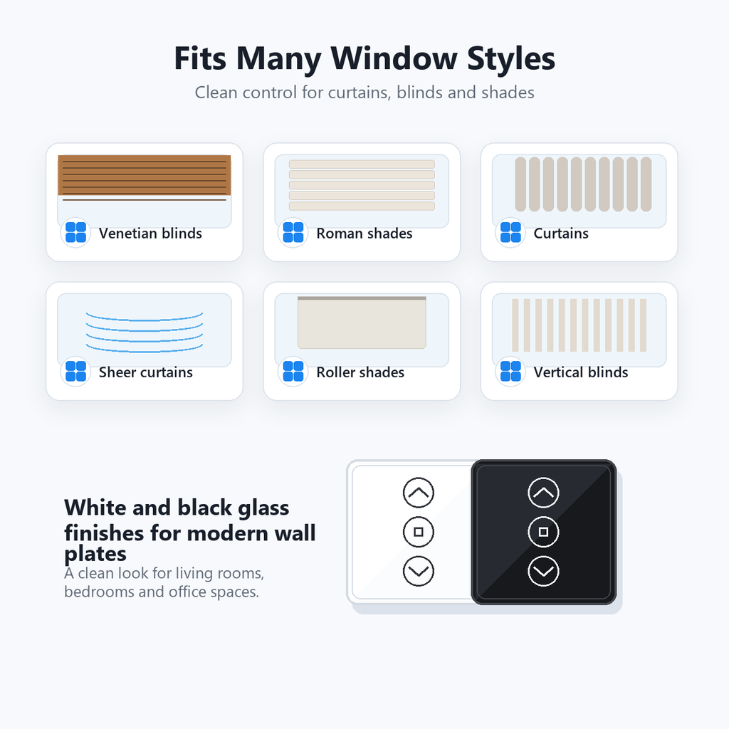 Interior compatibility visual with white and black curtain switch finishes
