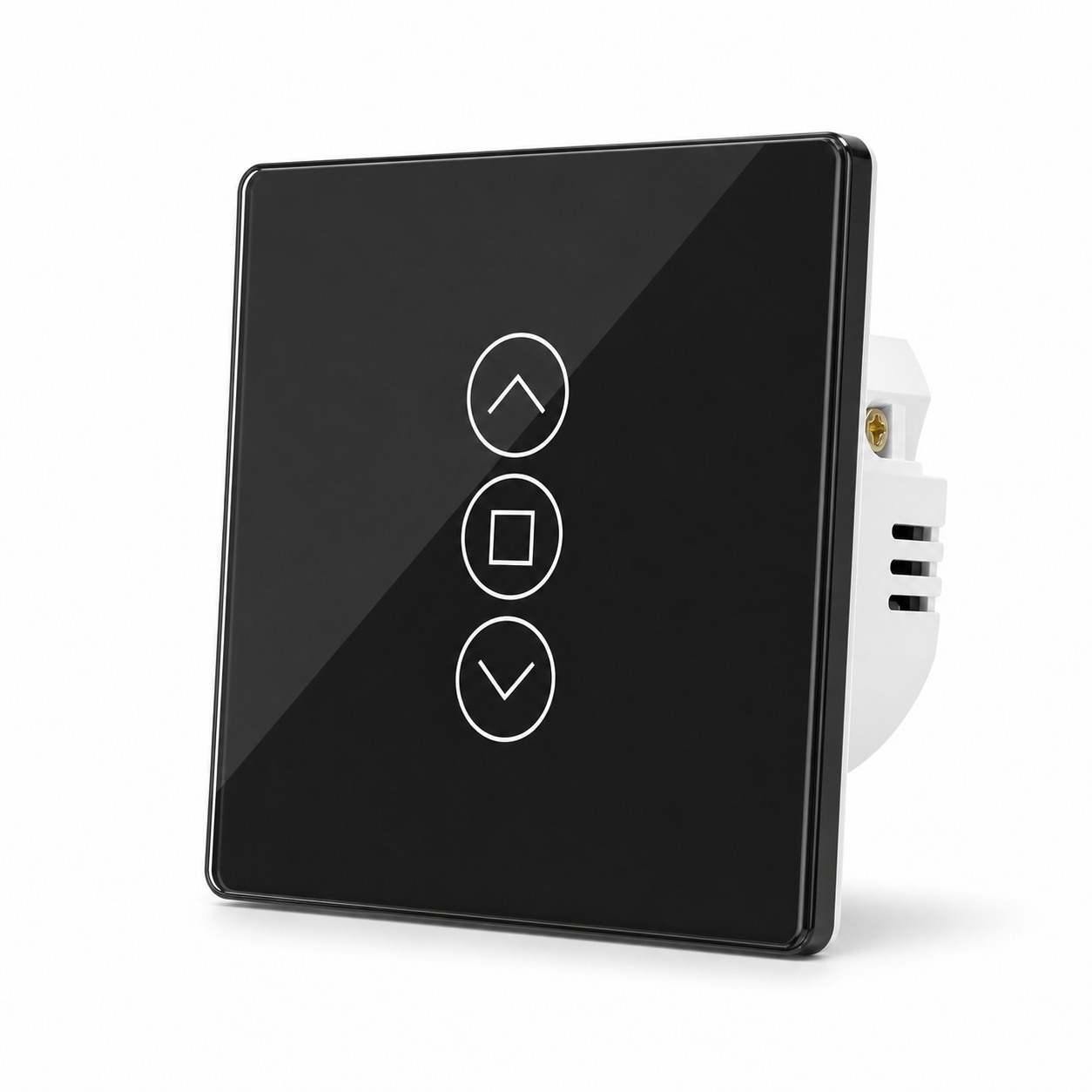Studio packshot of black glass ZigBee RF curtain switch variant