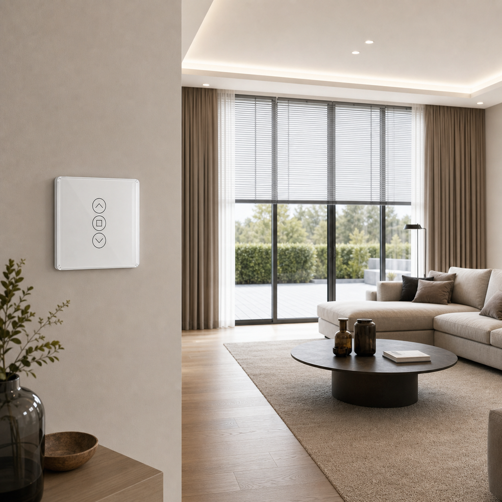 White glass ZigBee RF curtain switch installed in a modern living room