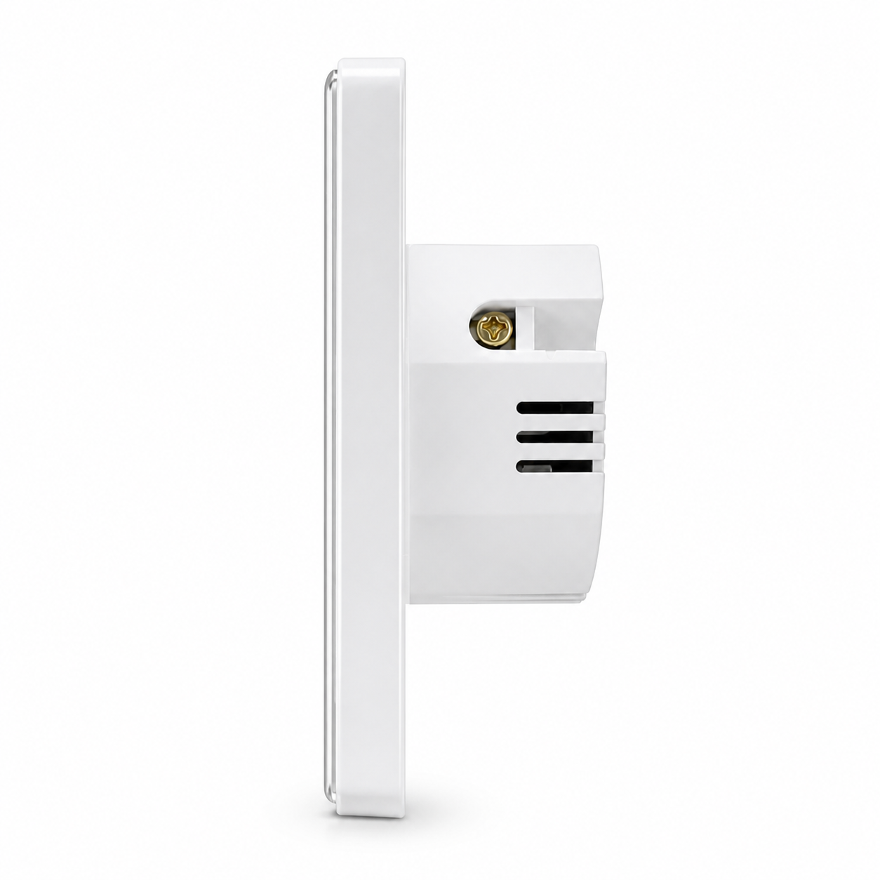 Side profile of white glass ZigBee RF curtain switch with rear module