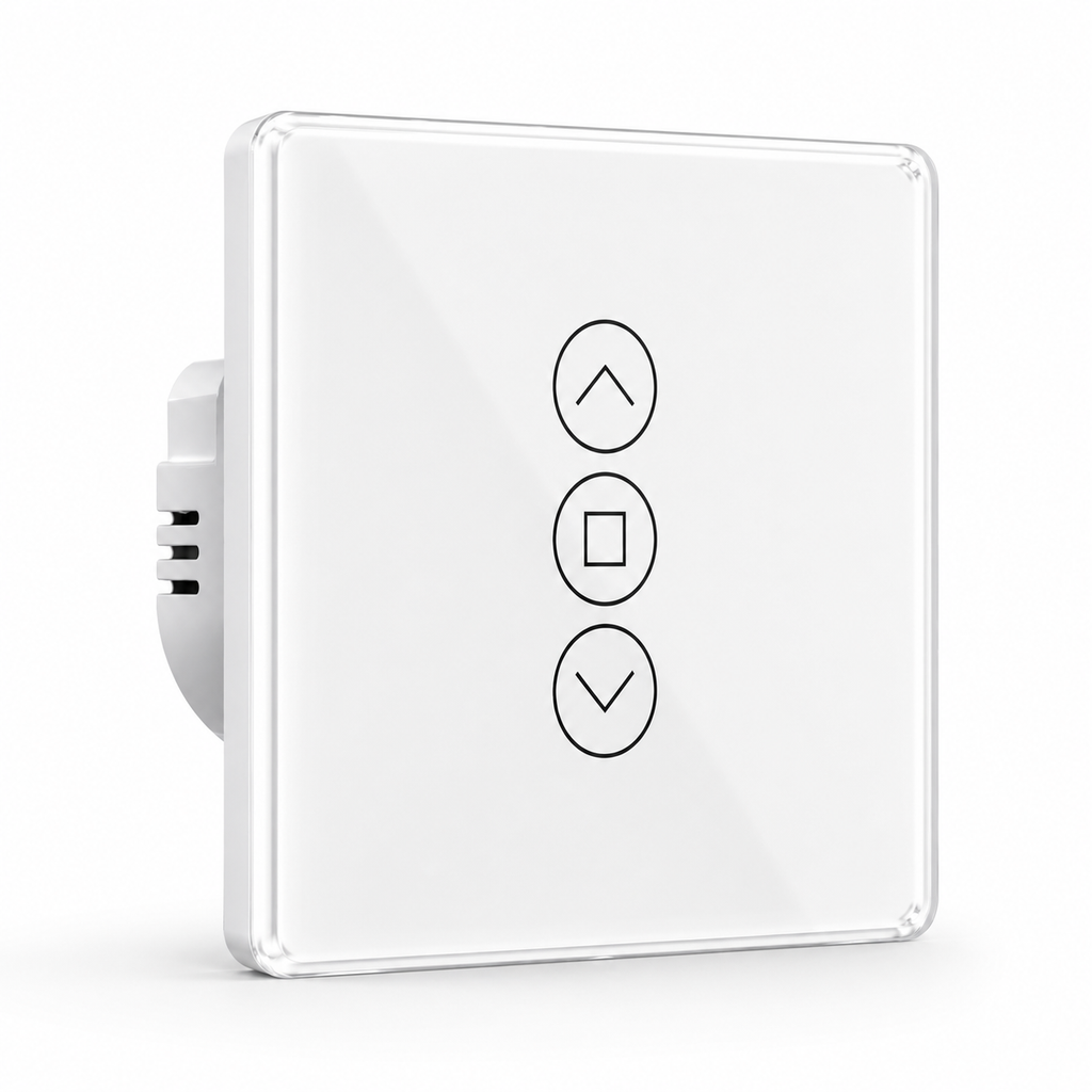 Studio packshot of white glass ZigBee RF curtain switch