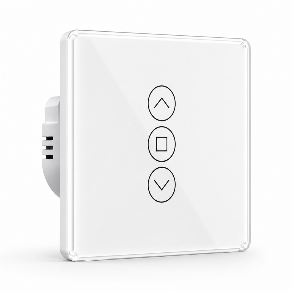 Interrupteur de volets ZigBee RF en verre blanc avec trois boutons tactiles sur fond blanc.