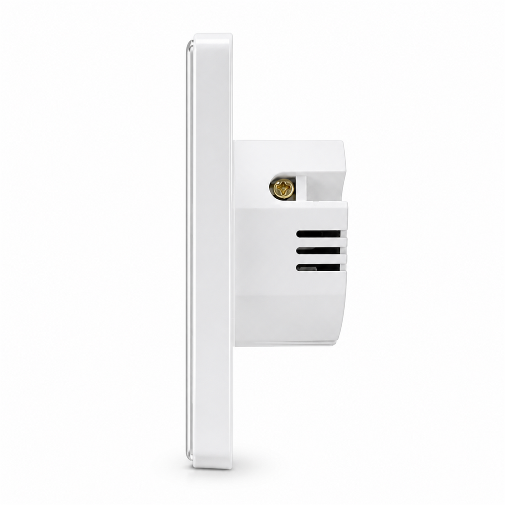 Interrupteur de volets ZigBee RF en verre blanc, vue de profil avec module encastrable.