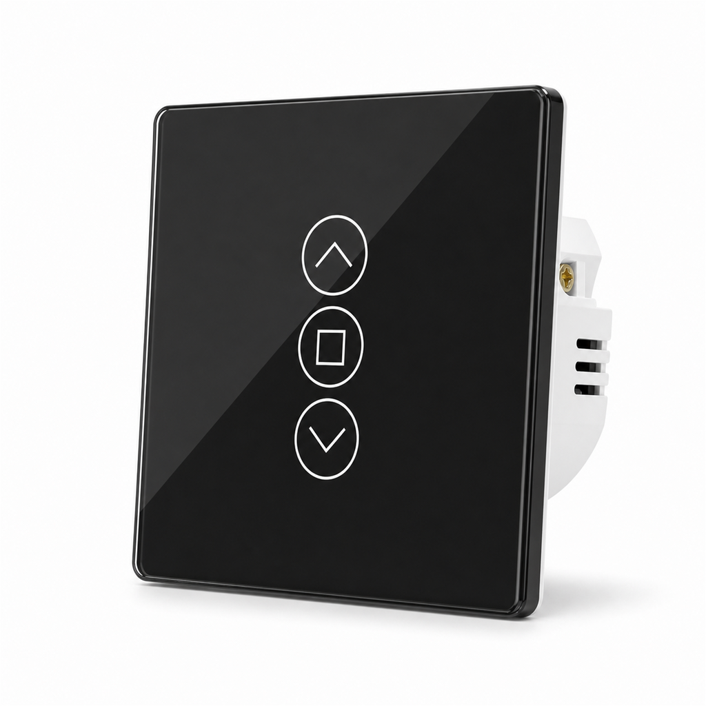 Interrupteur de volets ZigBee RF en verre noir avec trois boutons tactiles sur fond blanc.