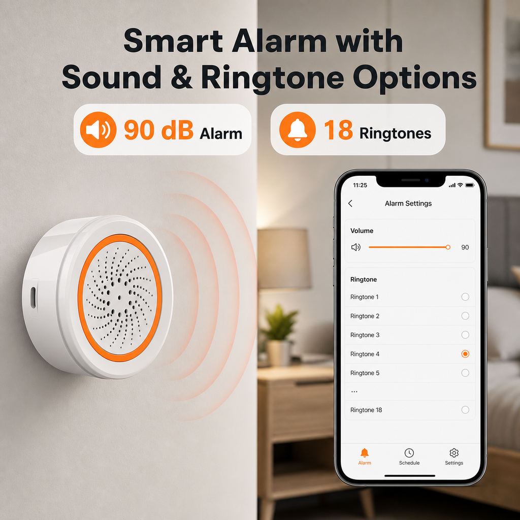 Zigbee siren alarm with 90 dB sound and ringtone options