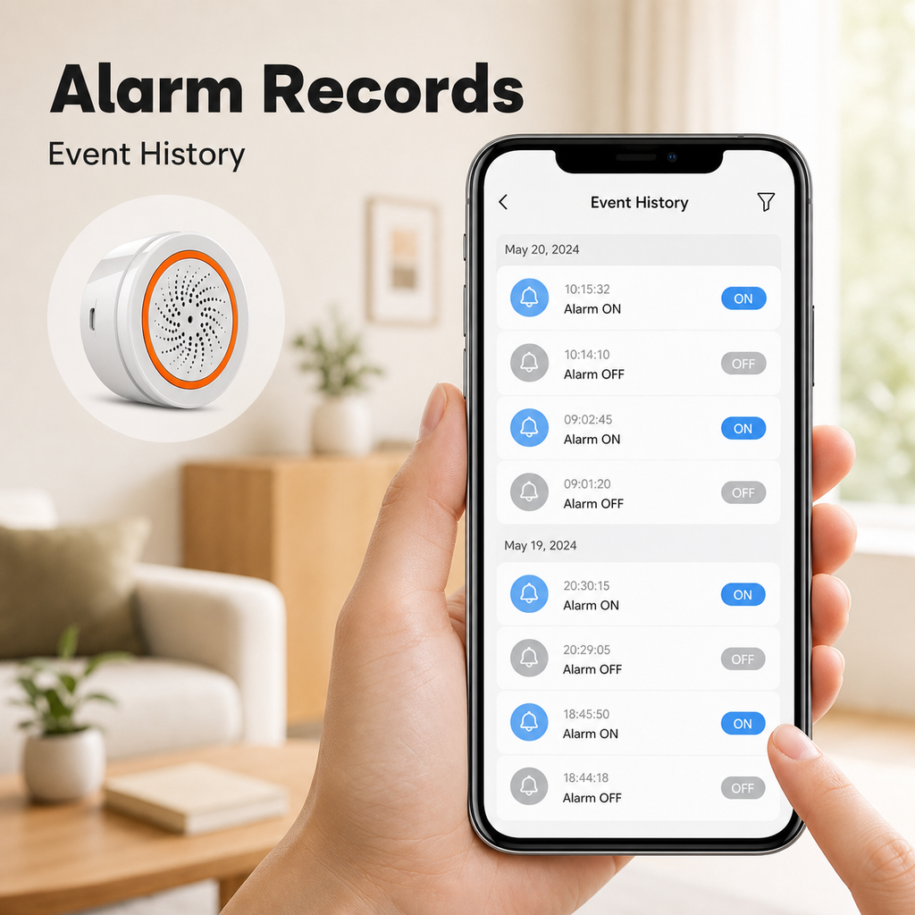 Alarm records and event history screen for Zigbee siren