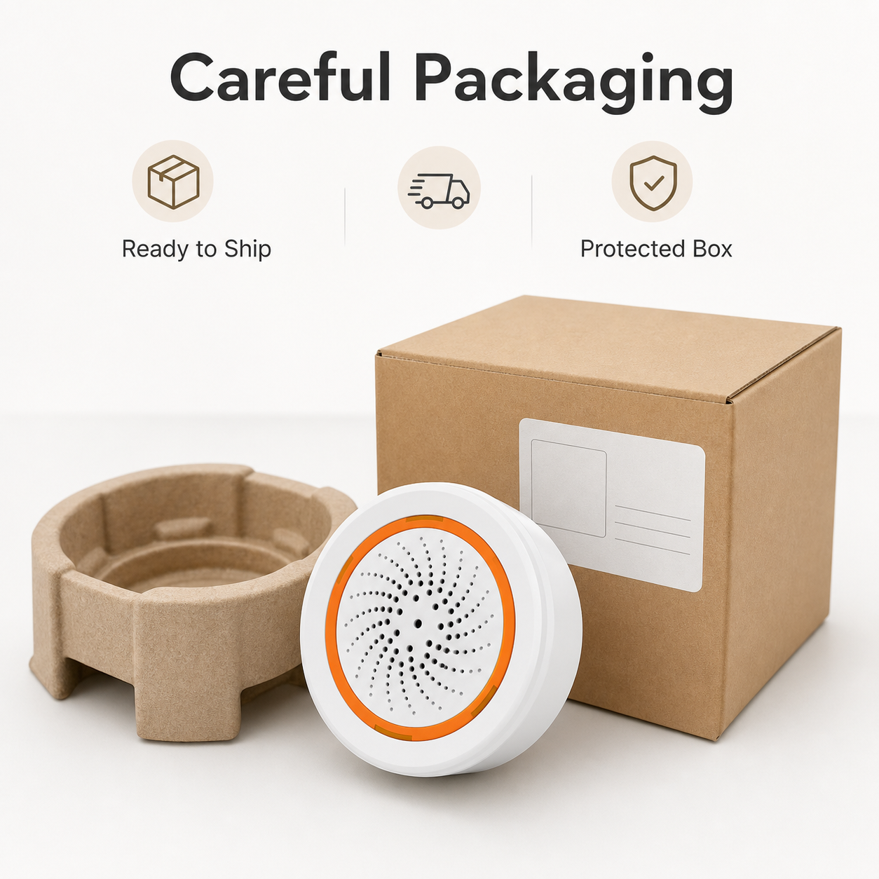 Careful packaging visual with Zigbee siren and protected box