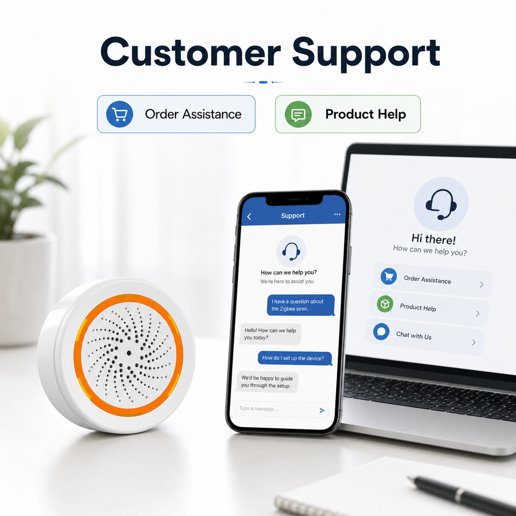 Customer support and order assistance visual for Zigbee siren