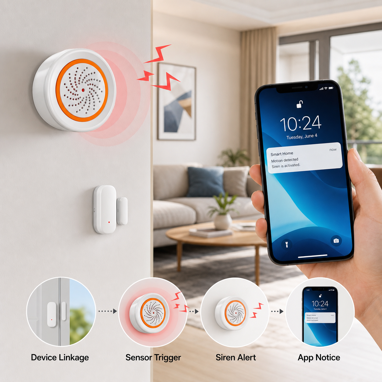 Zigbee siren linked with door sensor and app notice