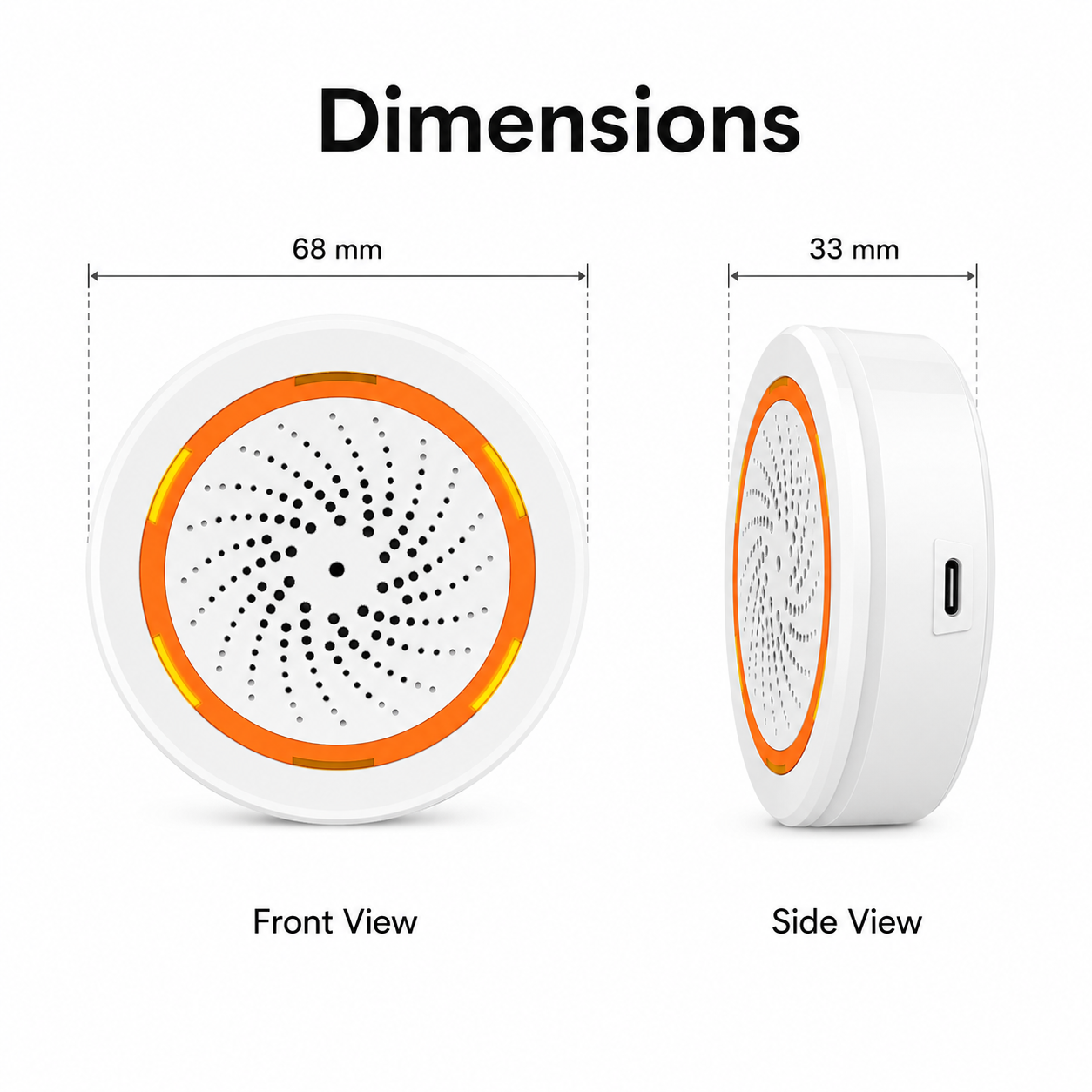 Dimensions of round Zigbee siren with front and side views