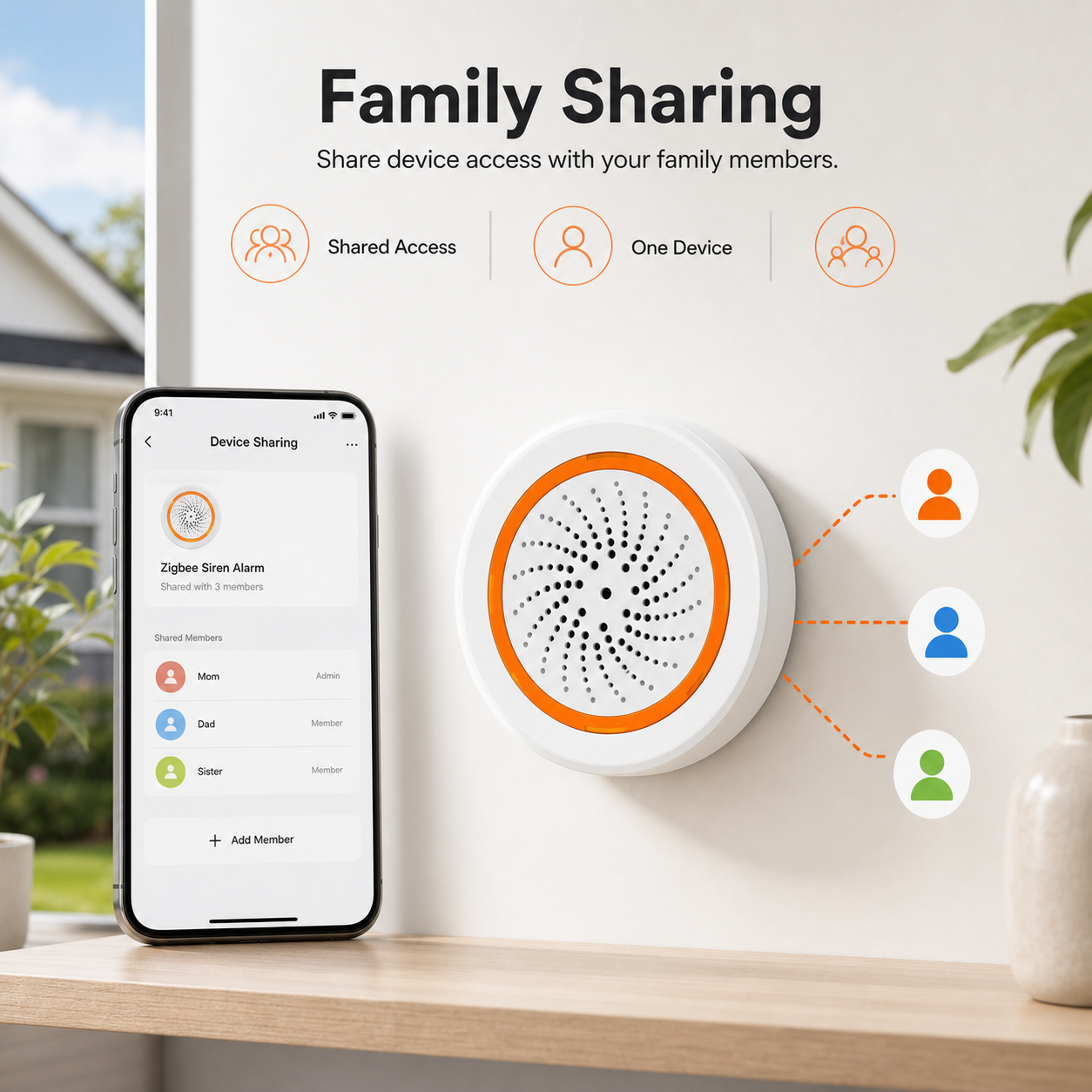 Family sharing access for one Zigbee siren device