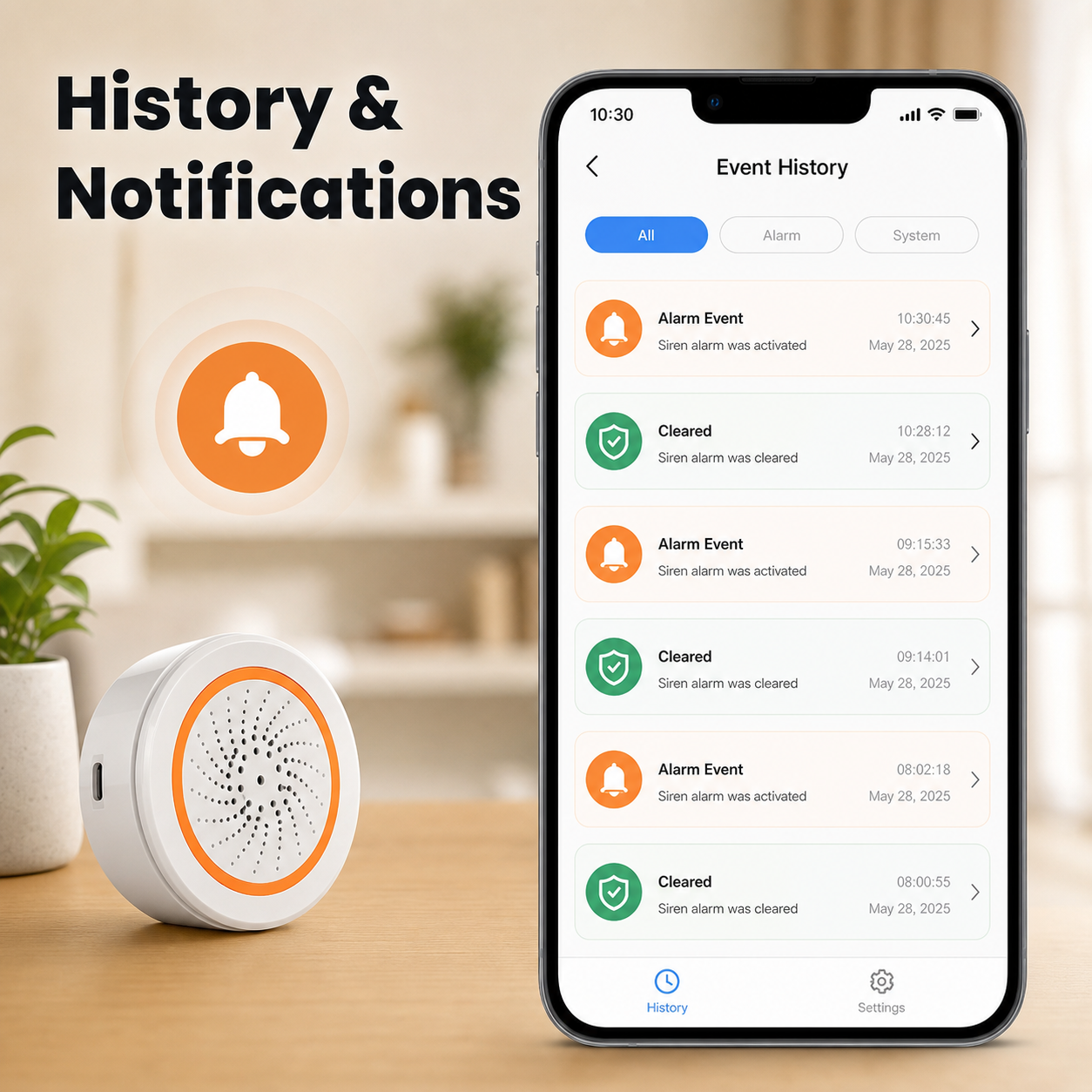 History and notifications screen for Zigbee siren