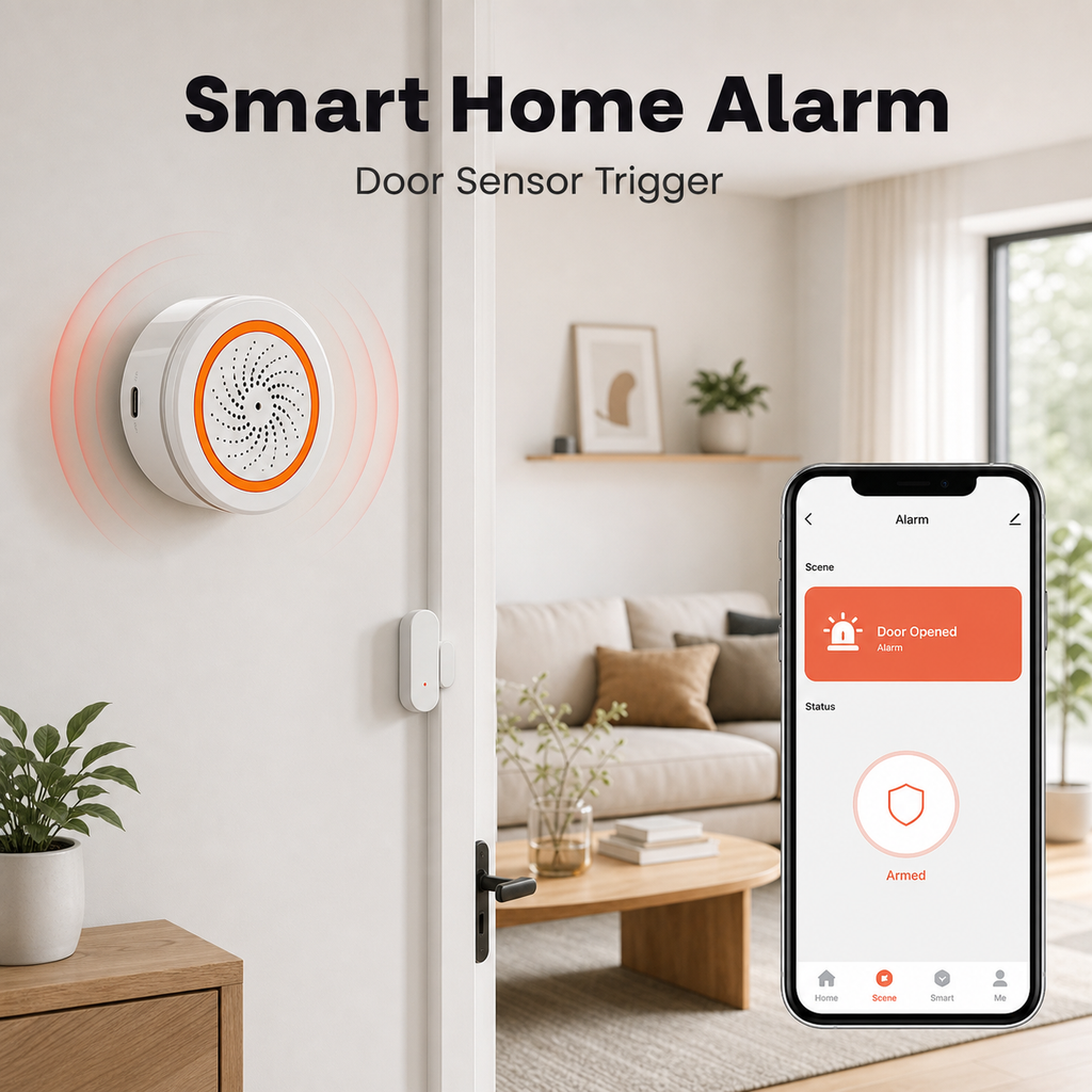 Zigbee siren in home automation alarm scene with door sensor trigger