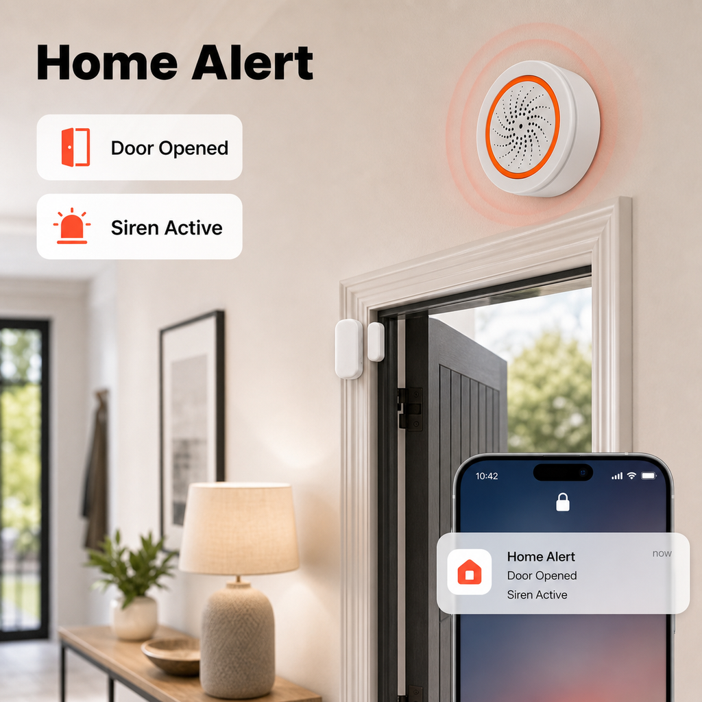 Home alert scene with door opening notification and Zigbee siren