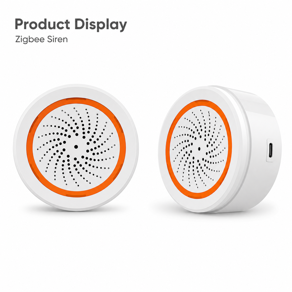 Studio product display of round Zigbee siren alarm