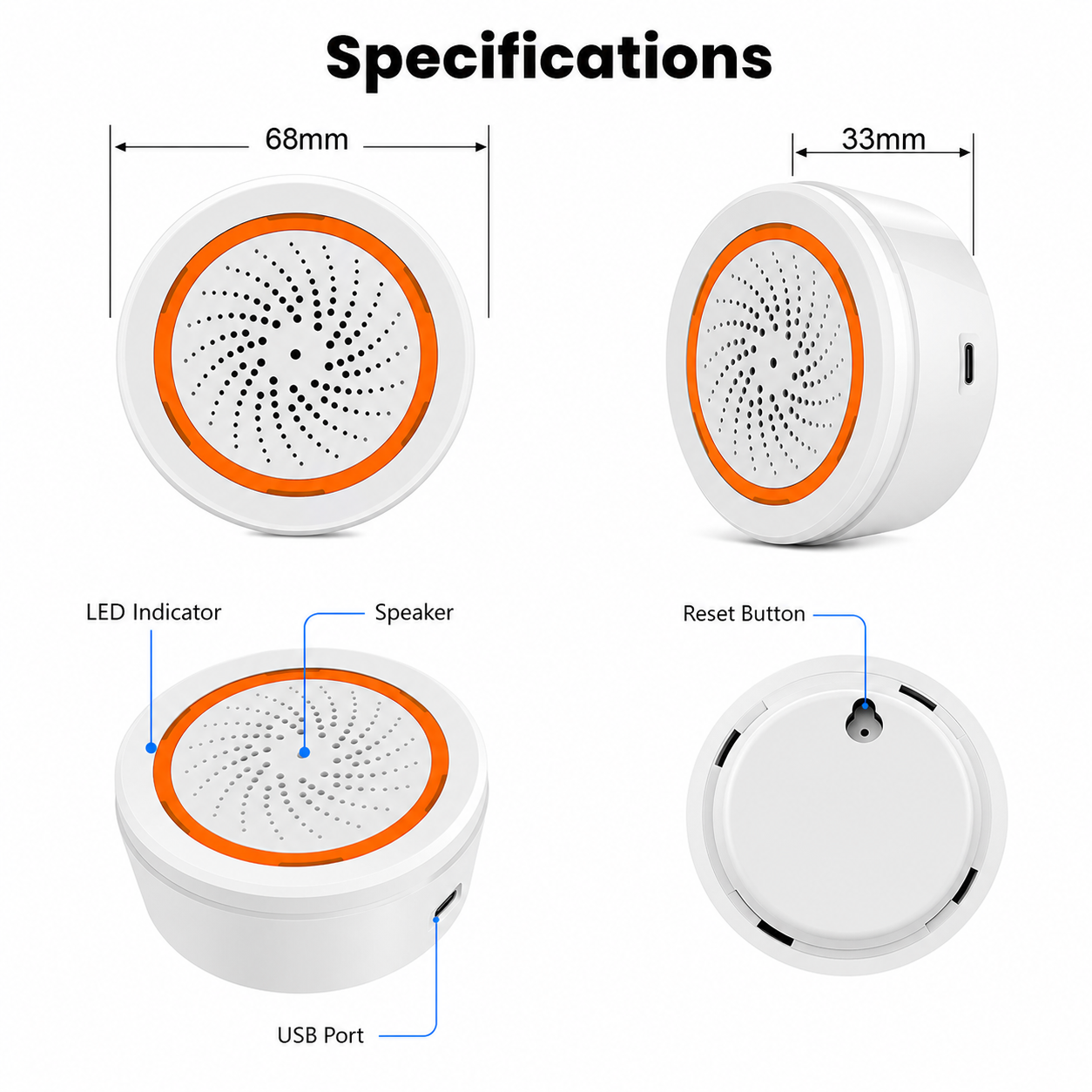 Specification views of round Zigbee siren with LED speaker USB and reset labels