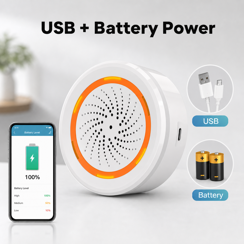 USB and battery power options for Zigbee siren alarm