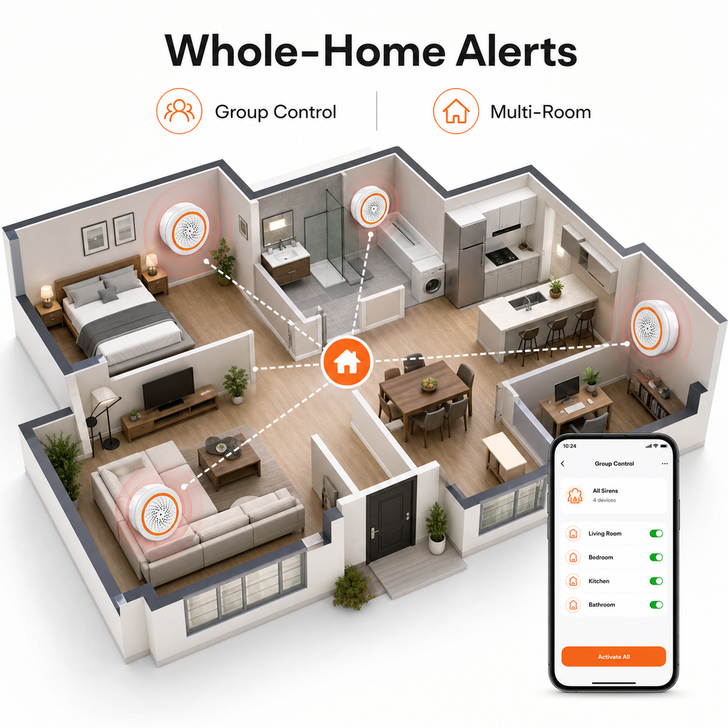 Whole-home alerts with multiple Zigbee sirens and group control