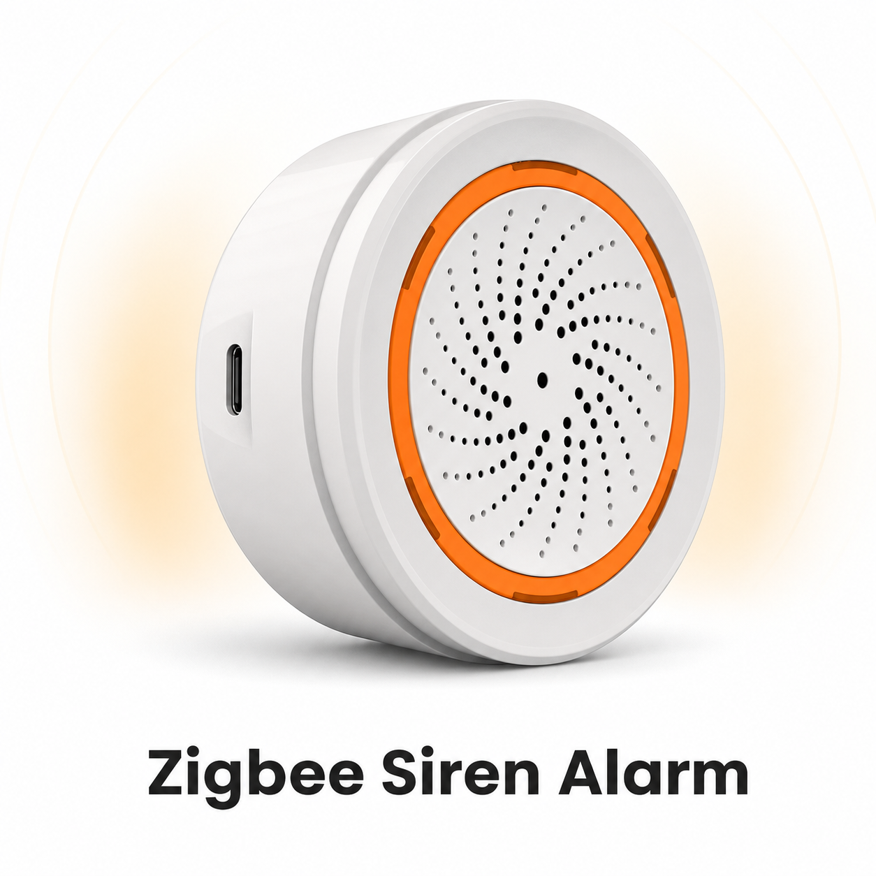 Studio packshot of Zigbee siren alarm with sound and light alert