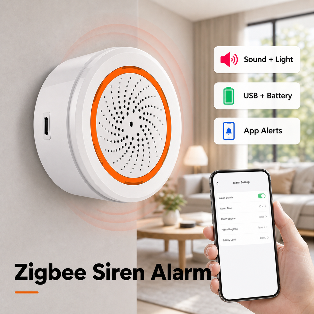 Zigbee siren alarm with phone control and sound light battery app alerts