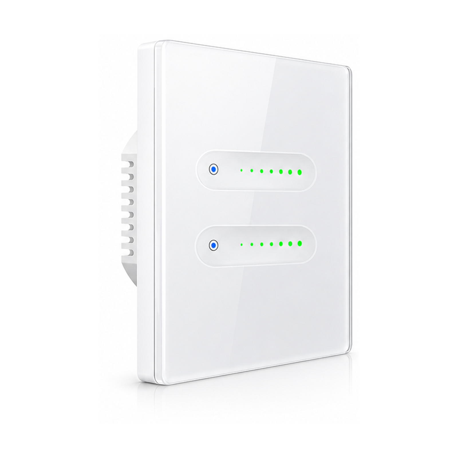 Variateur tactile NéoSlide Essential Wi-Fi blanc pur 2 canaux en vue inclinée sur fond studio blanc.