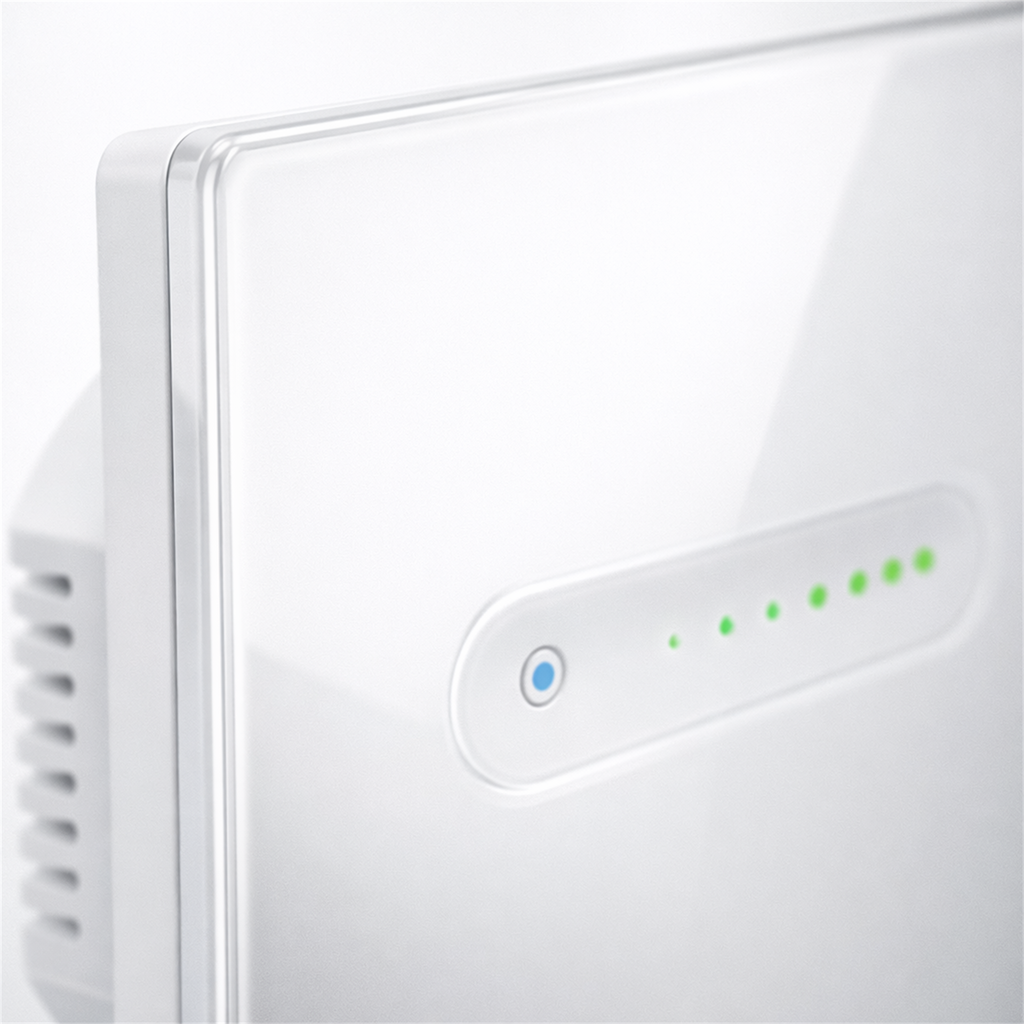 Détail des voyants LED du variateur tactile NéoSlide Essential blanc sur fond studio blanc.