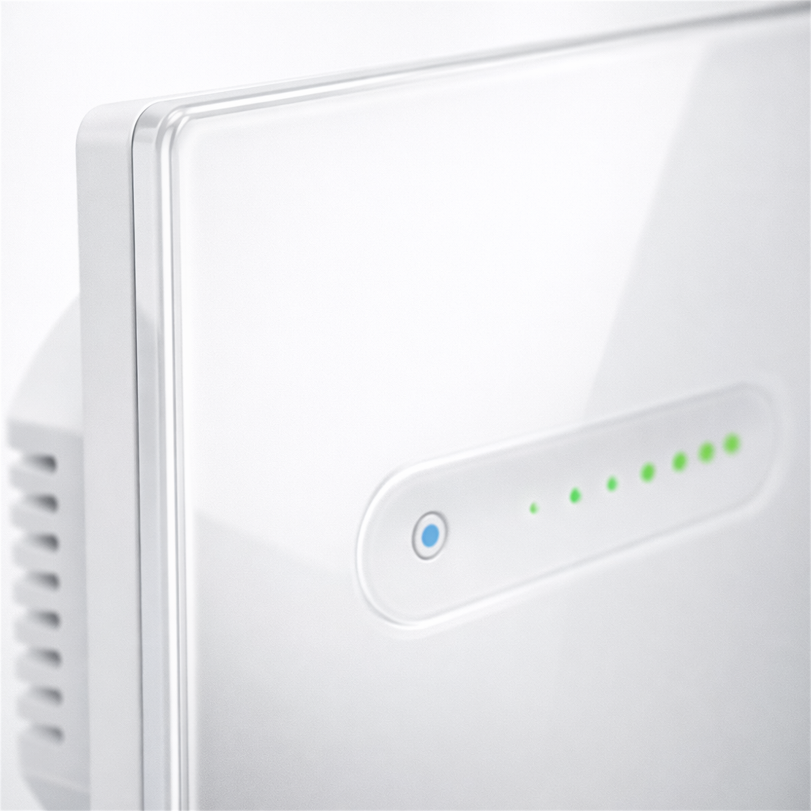 Détail des voyants LED du variateur tactile NéoSlide Essential blanc sur fond studio blanc.