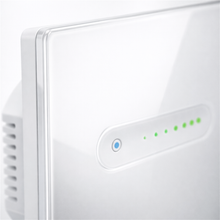 Détail des voyants LED du variateur tactile NéoSlide Essential blanc sur fond studio blanc.