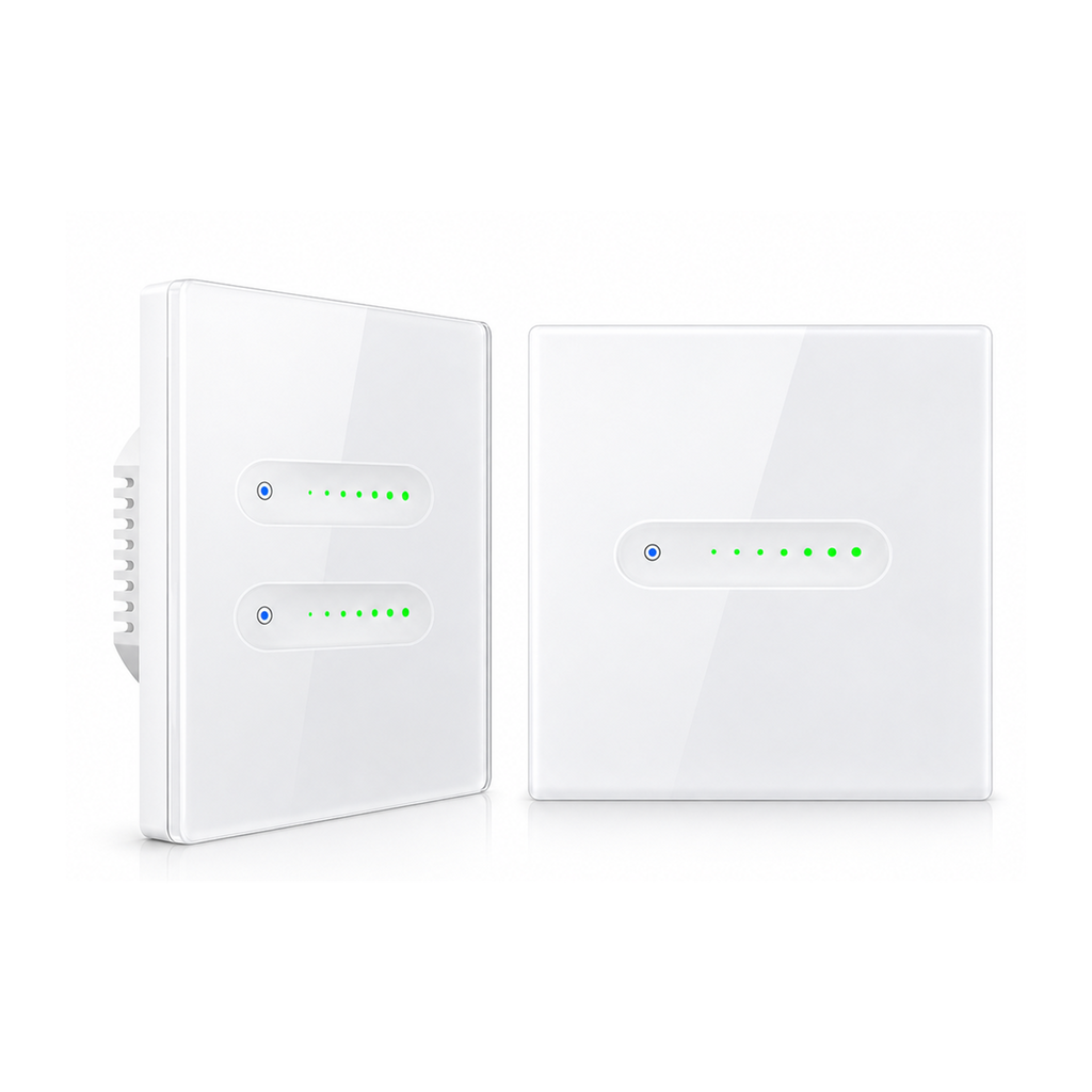 Variateurs tactiles NéoSlide Essential Wi-Fi blanc en versions 1 canal et 2 canaux sur fond studio blanc.