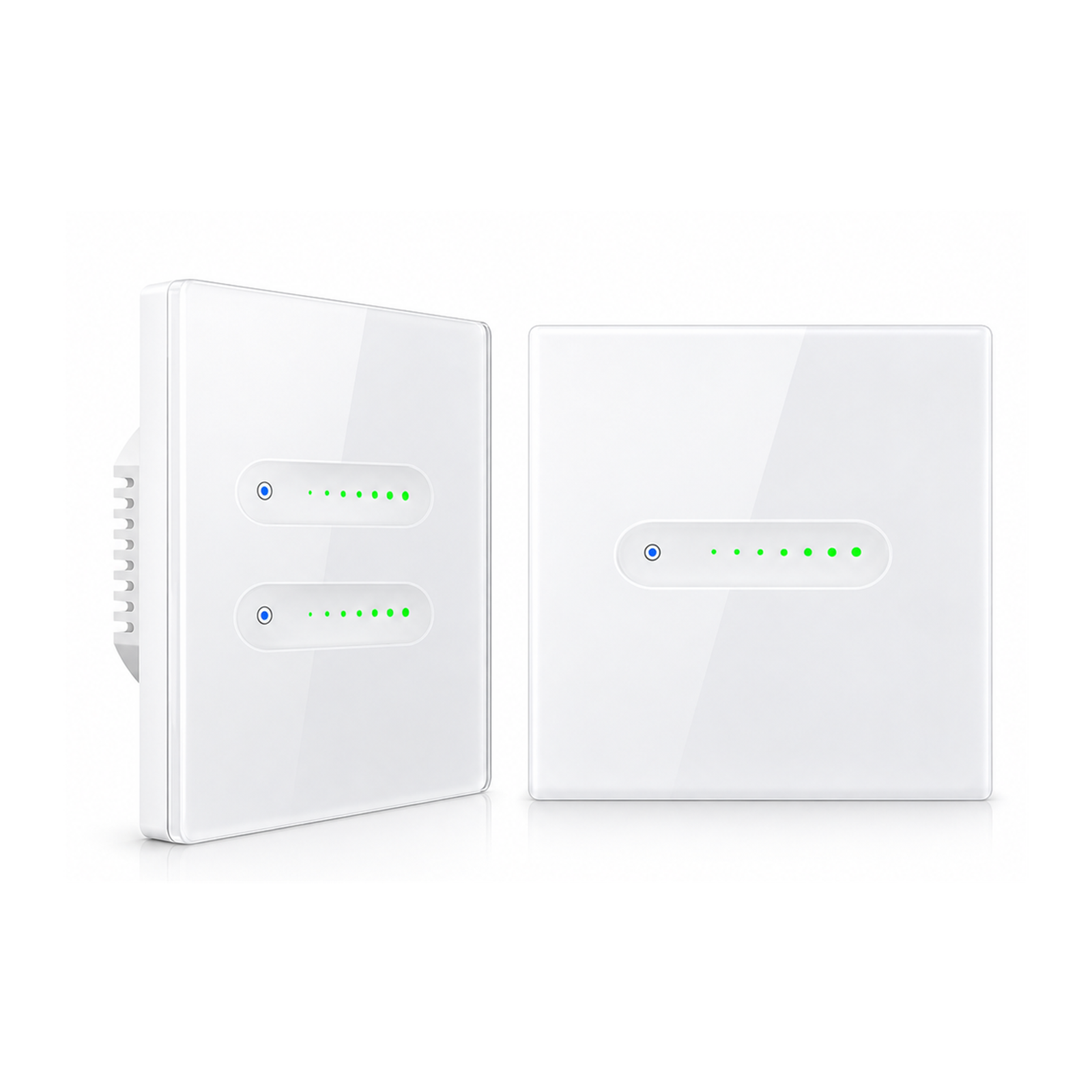 Variateurs tactiles NéoSlide Essential Wi-Fi blanc en versions 1 canal et 2 canaux sur fond studio blanc.