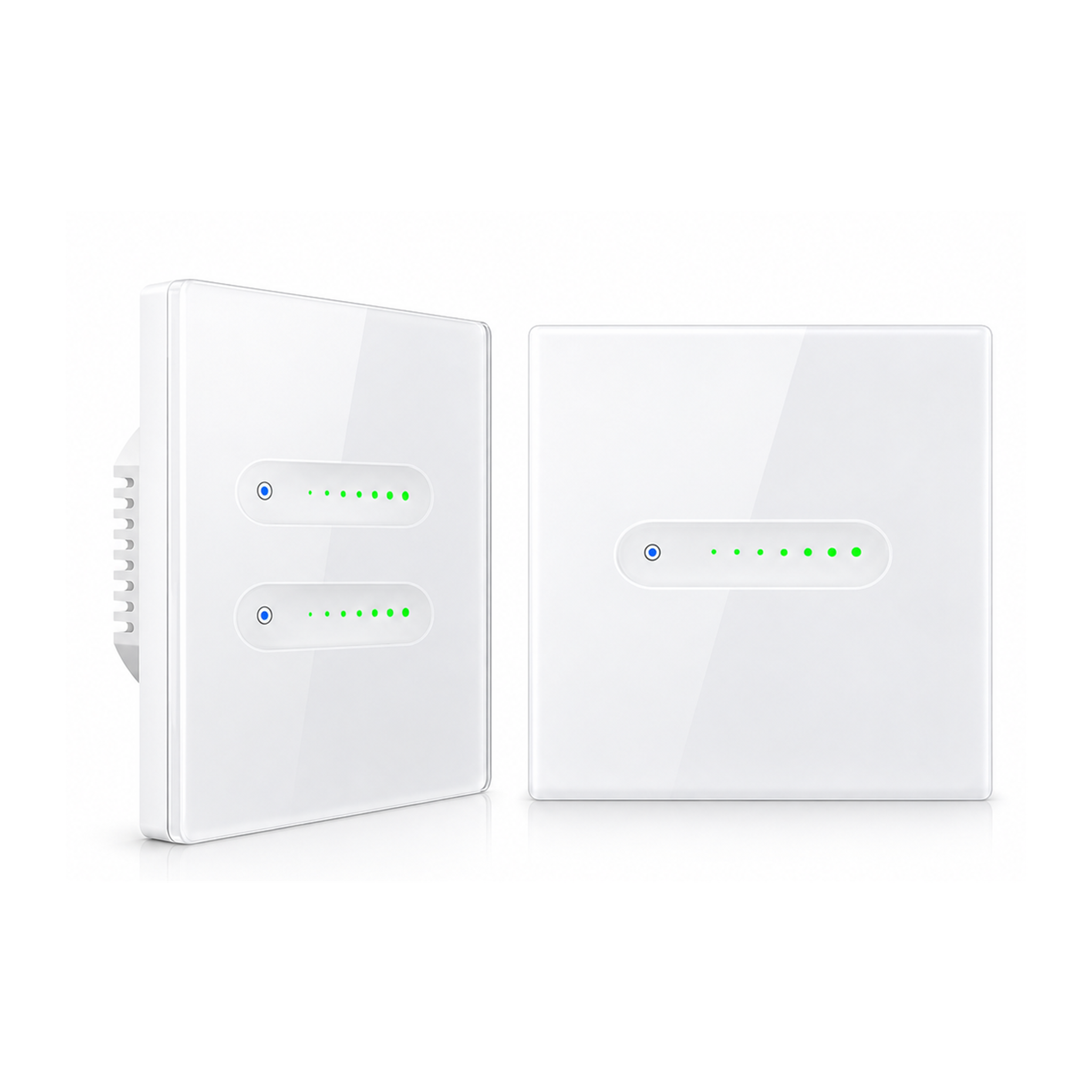 Variateurs tactiles NéoSlide Essential Wi-Fi blanc en versions 1 canal et 2 canaux sur fond studio blanc.