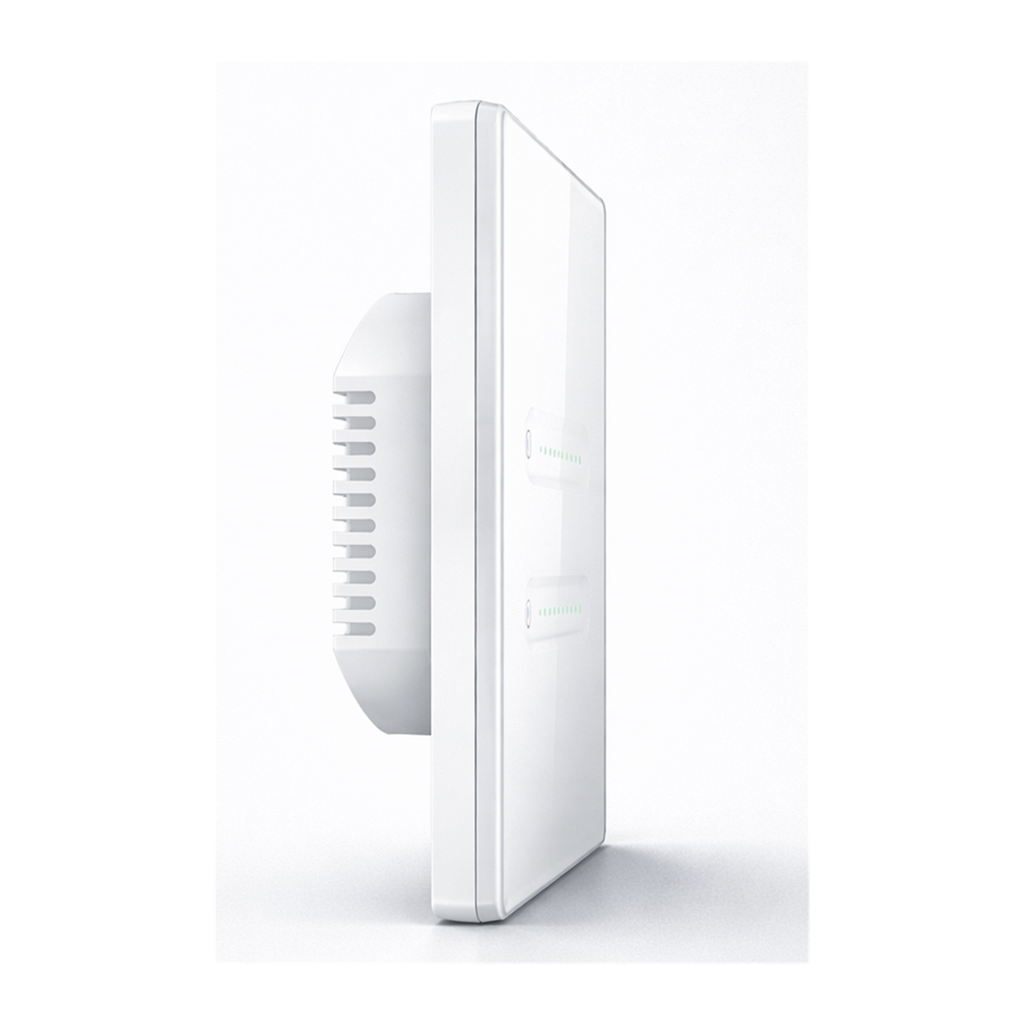 Variateur tactile NéoSlide Essential Wi-Fi blanc vu de profil avec module encastrable sur fond studio blanc.