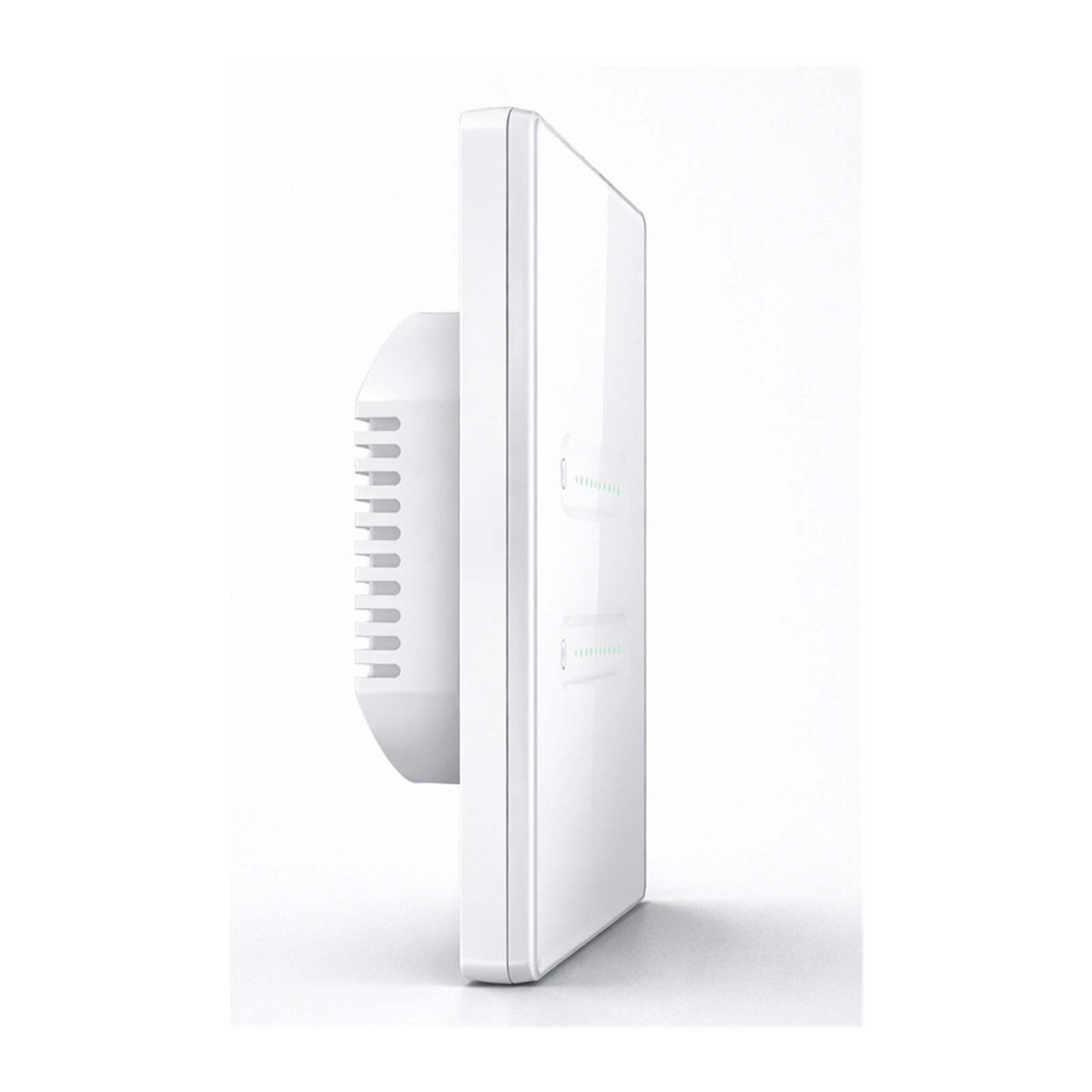 Variateur tactile NéoSlide Essential Wi-Fi blanc vu de profil avec module encastrable sur fond studio blanc.