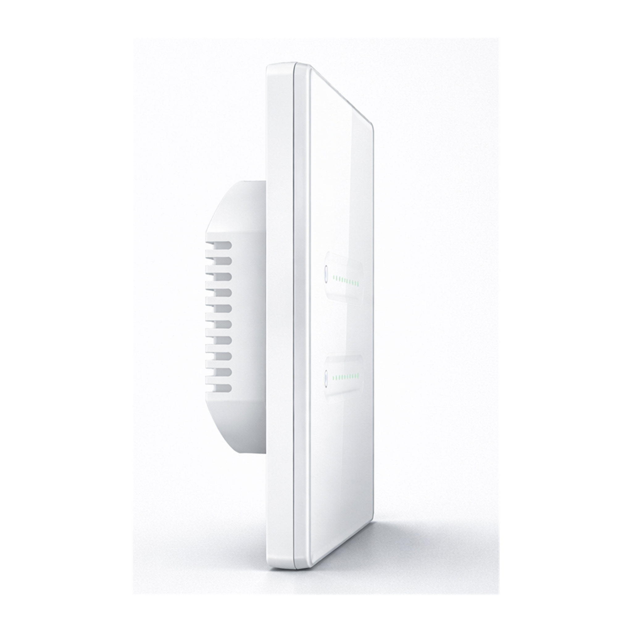 Variateur tactile NéoSlide Essential Wi-Fi blanc vu de profil avec module encastrable sur fond studio blanc.