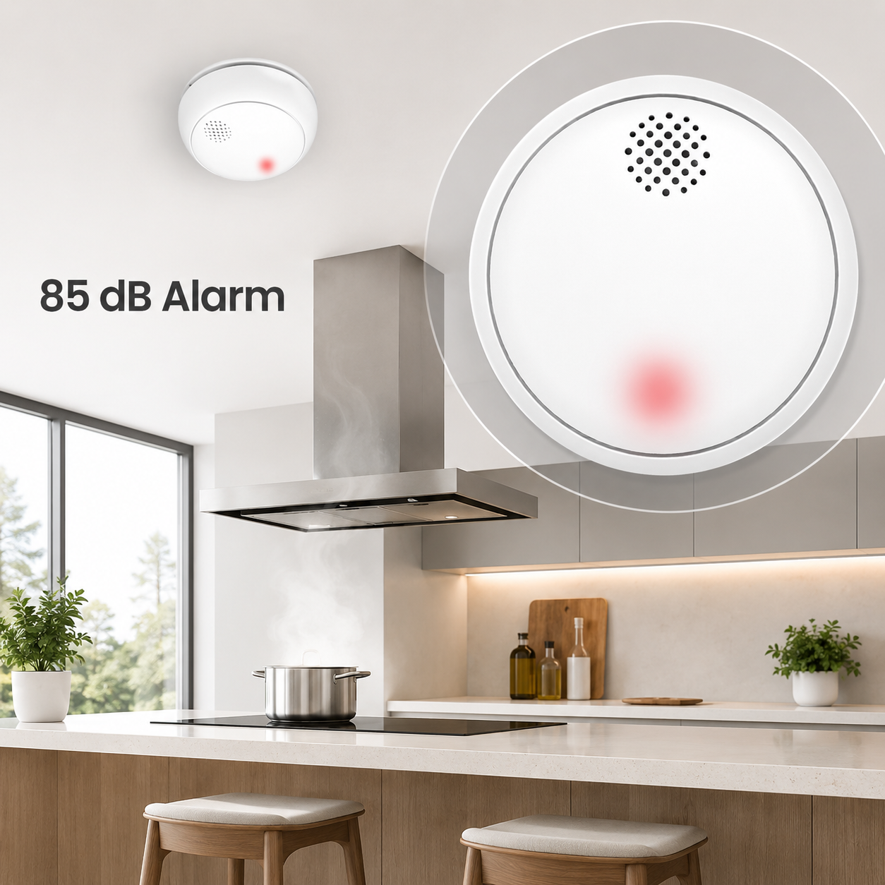 85 dB smoke alarm feature shown in a clean modern kitchen scene