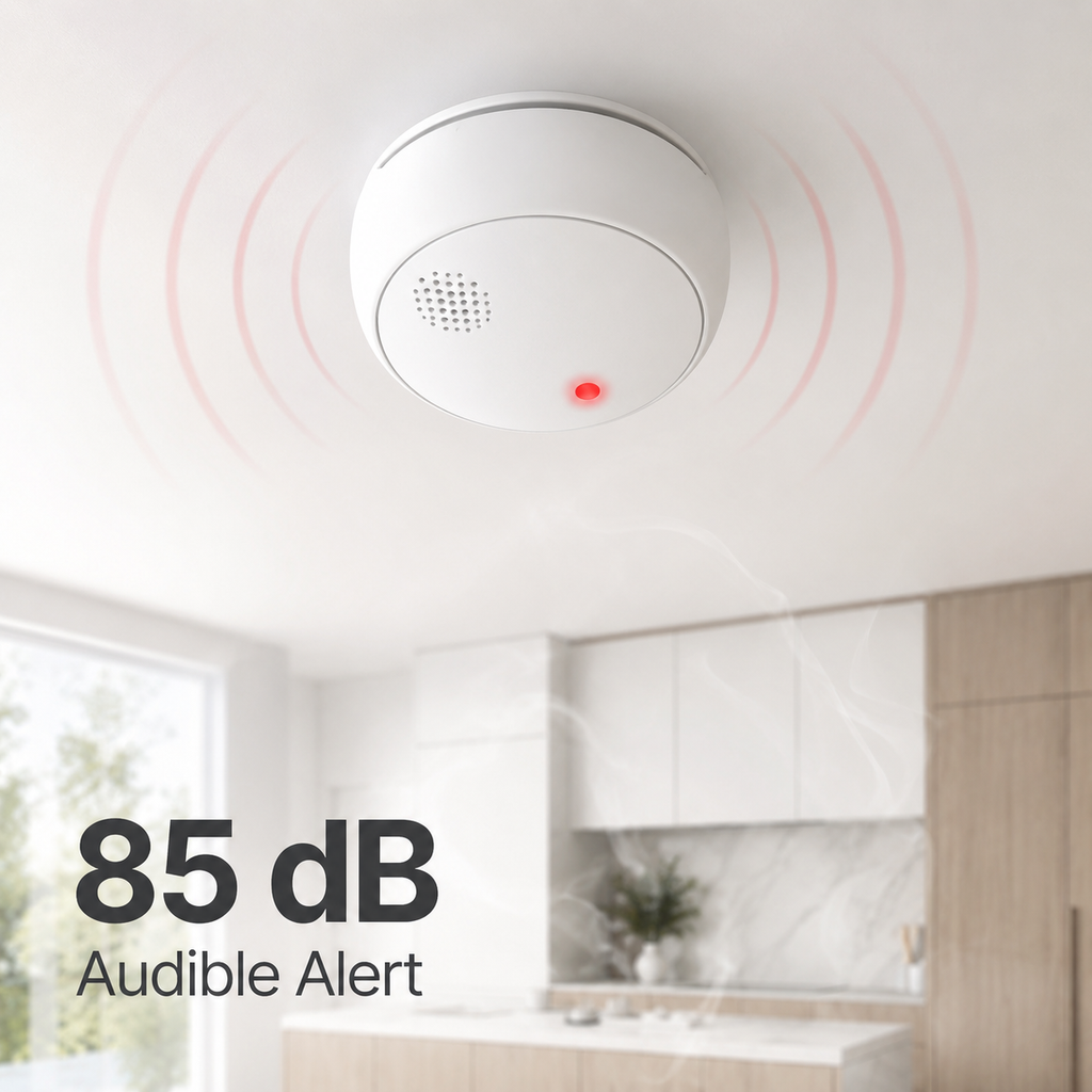 Audible 85 dB alert feature for ceiling mounted smart smoke detector