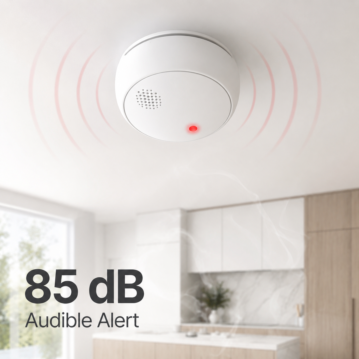 Audible 85 dB alert feature for ceiling mounted smart smoke detector