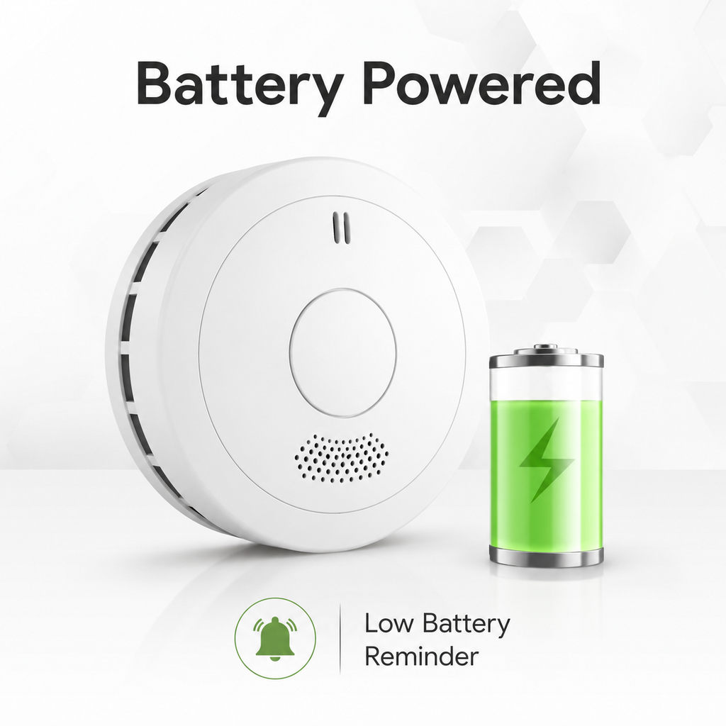 Battery powered smoke detector with low battery reminder visual