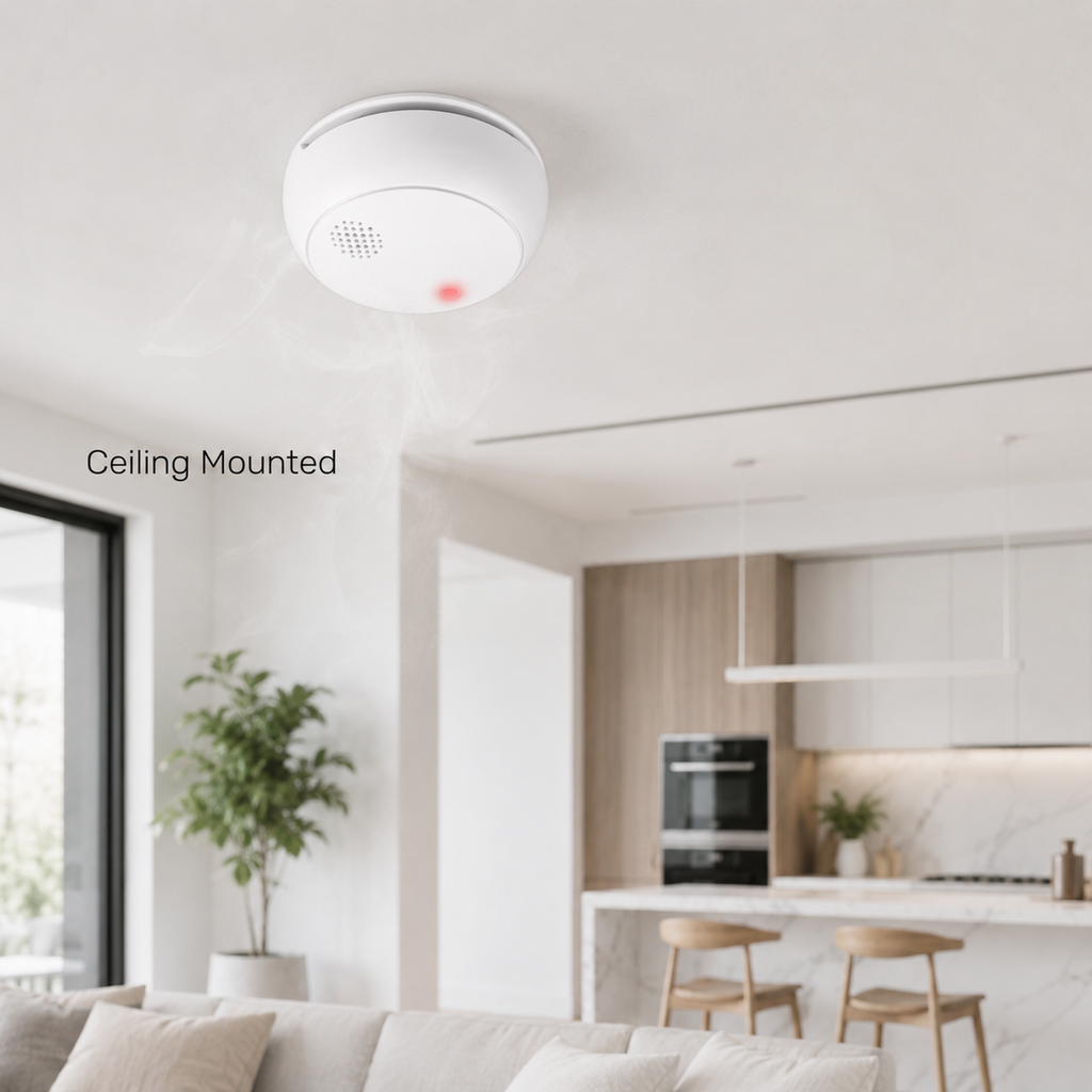 Ceiling mounted smoke detector in a bright modern home interior