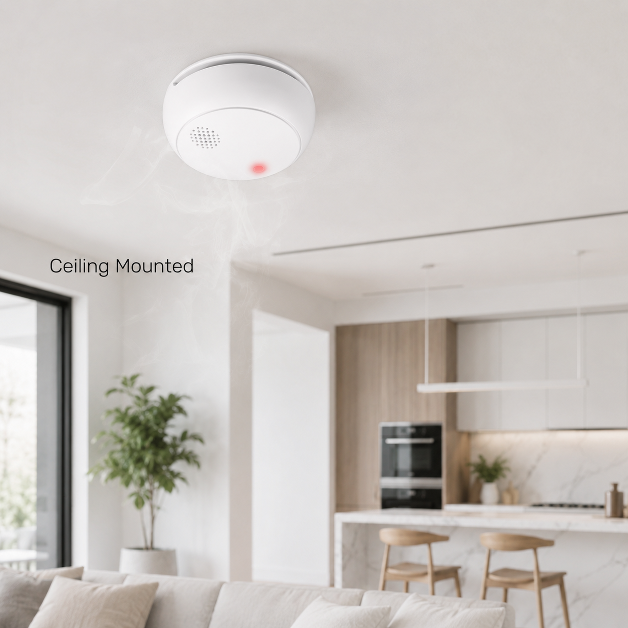 Ceiling mounted smoke detector in a bright modern home interior
