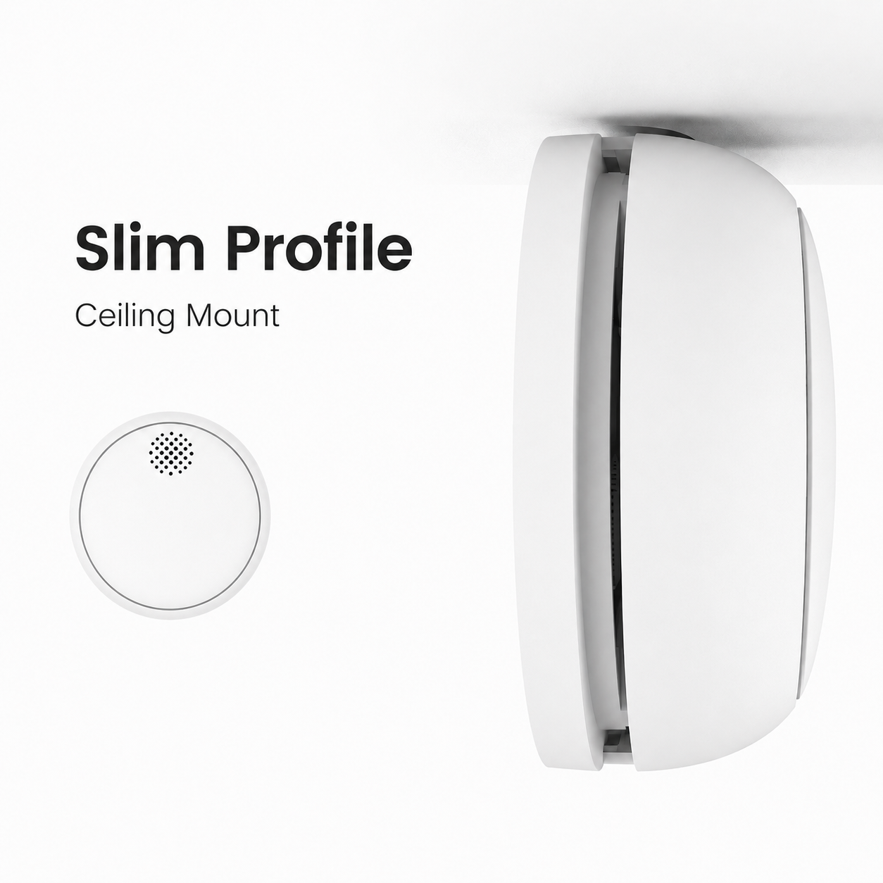 Slim side profile detail of ceiling mounted smoke detector