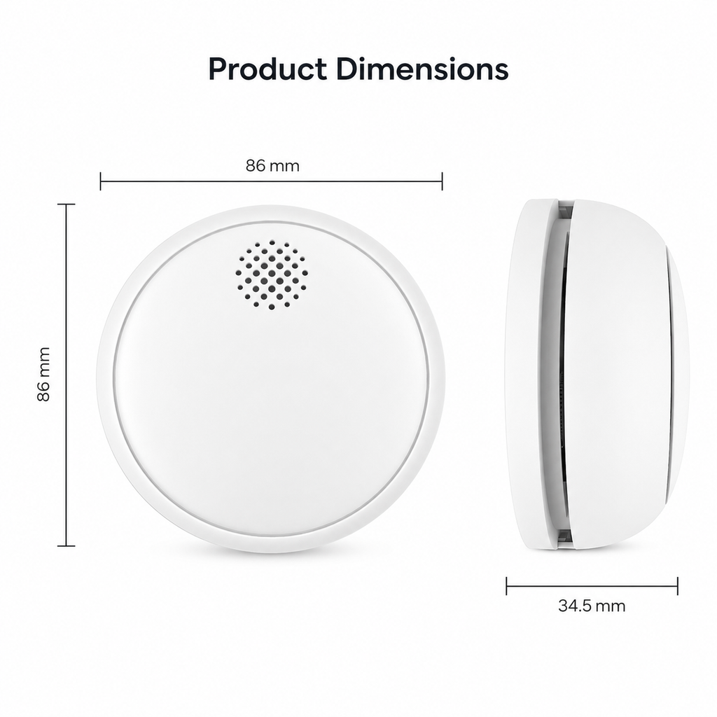 Dimension diagram of round smart smoke detector with front and side views