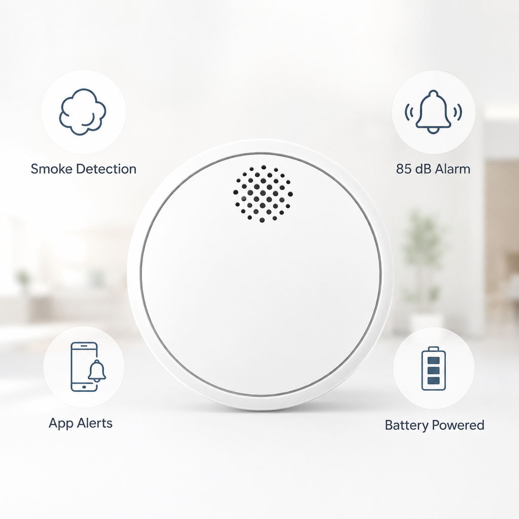 Feature overview for smart smoke detector with smoke detection alarm app alerts and battery power